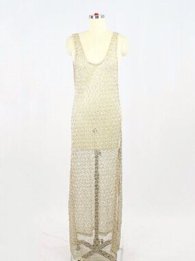 ASOS SWIM Gold Metallic Sequin Embellished Open Knit U-Neck Maxi Dress, Size 10